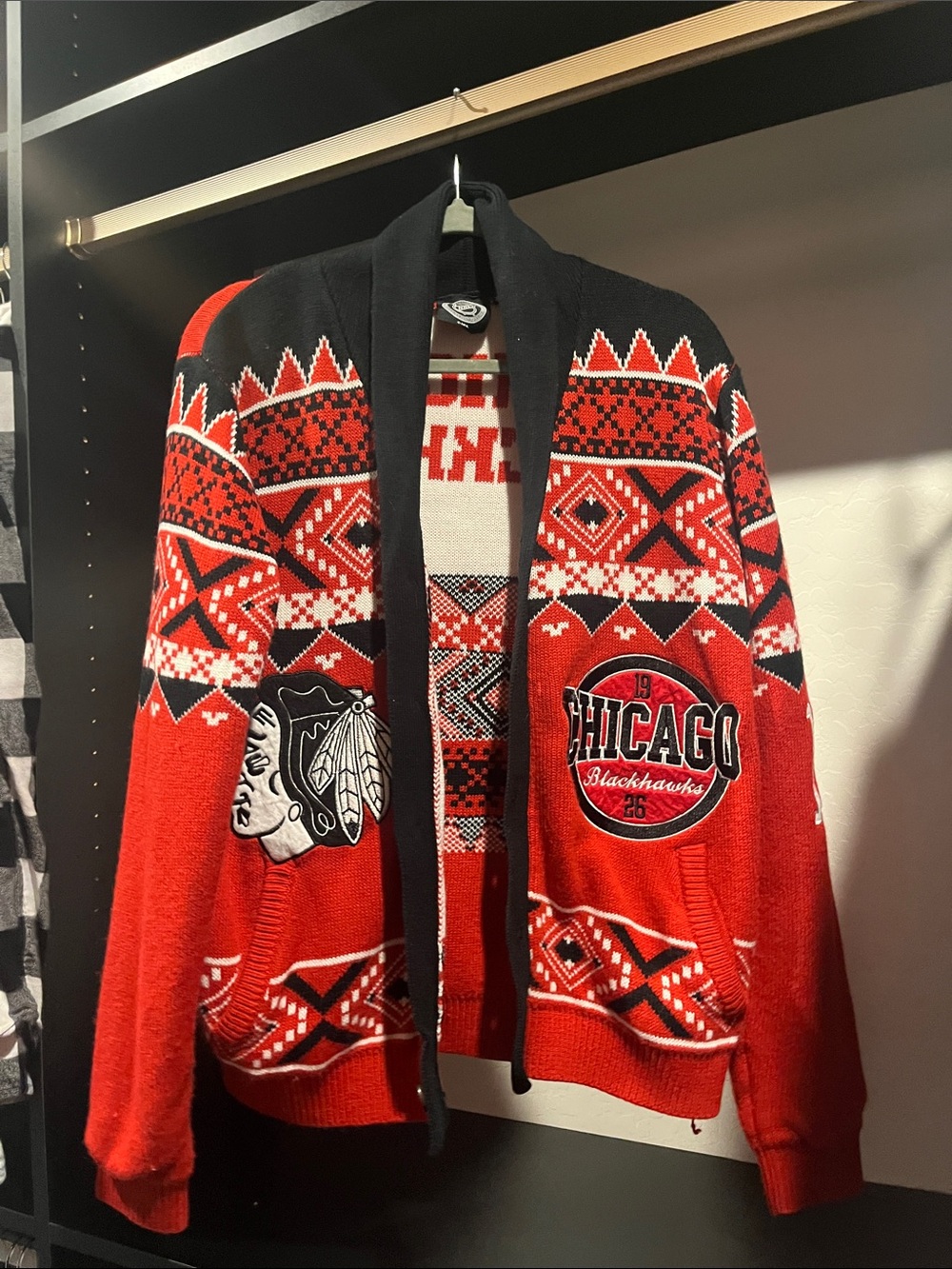 Chicago Blackhawks Red Fair Isle Shawl Collar Sweater